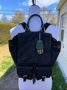 Tory Burch Black Nylon Convertible Backpack Tote with Green Tag.